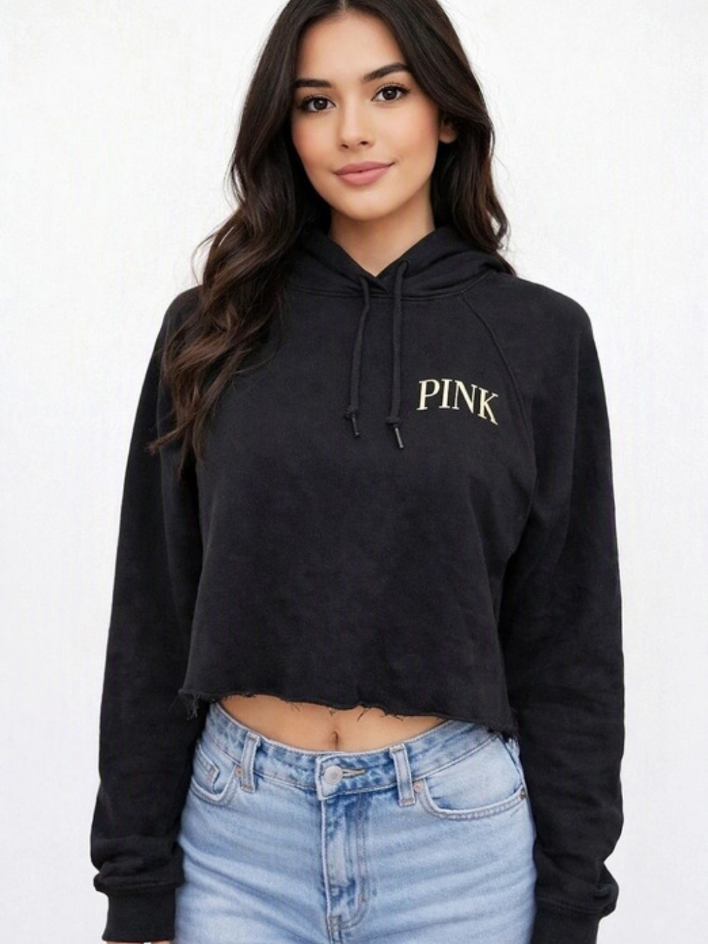 Victoria'Small Secret PINK Raw Hem Cropped Hoodie Victoria'Small Secret Black